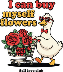 Funny White Duck with Heart Sunglasses Pushing Shopping Cart Full of Red Roses, Self Love Vector