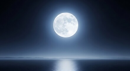 Bright full moon glowing against dark night sky and reflecting on water