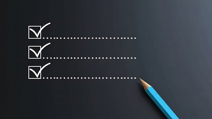 A simple blue pencil is poised to write on a dark gray surface next to a to-do list with three completed checkmarks in white outline boxes