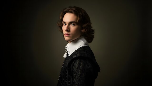Elegant young man in 17th century attire with lace collar