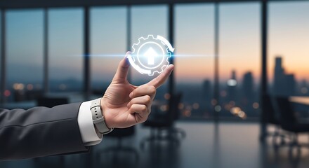 A businessman interacts with a glowing digital interface representing technological innovation against a blurred city skyline backdrop