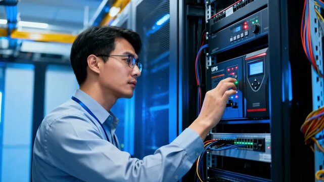 Skilled engineer monitors UPS system performance verifying continuous power backup and seamless switchover to prevent data loss during outages