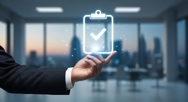A hand interacting with a glowing checklist icon against a blurred cityscape and modern office backdrop