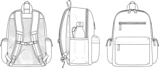 Backpack showing back side shoulder straps mesh pocket water bottle pocket and front pocket