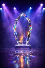 Crystal trophy with rainbow light on stage with spotlights