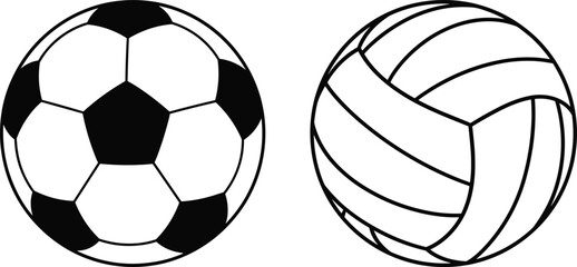 Black and white soccer ball and volleyball side by side sports equipment balls