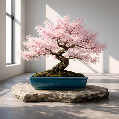 Cherry blossom bonsai tree with pink flowers in sunlight