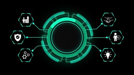 Futuristic business interface animation with circular hub and connected icons. Digital technology layout for strategy finance security and ideas. Modern abstract hud frame with copy space. - Powered by Adobe