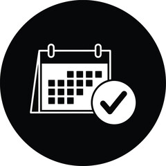 Fototapeta na wymiar Calendar with check mark icon in a black circle, linear style black and white flat simple vector illustration