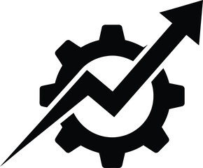 Fototapeta na wymiar Gear with arrow up icon, growth and progress concept, business and industry development, flat black vector
