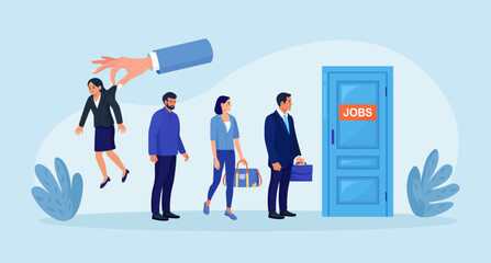 Fototapeta na wymiar Workforce, staff turnover and replace with new labor. Boss hand throwing employee out of office. Bankrupt businessman dismisses employees. Financial crisis and unemployment, layoff