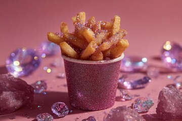 Pink glittery fries in a sparkly cup surrounded by shiny gems on a soft pink background, creating a whimsical and playful dessert display for festive occasions