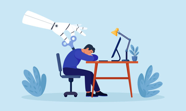 Robotic arm turn up clockwork winder to motivate overworked person. Exhausted businessman recharged to increase efficiency. Artificial Intelligence help business success. Collaboration AI and human