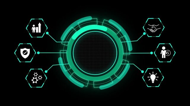 Futuristic business interface animation with circular hub and connected icons. Digital technology layout for strategy finance security and ideas. Modern abstract hud frame with copy space.