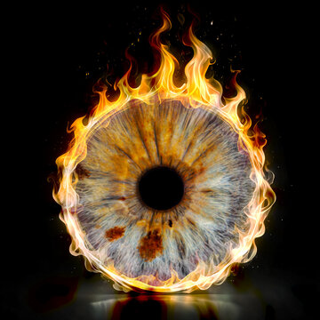 burning human iris on black background. Macro pupil