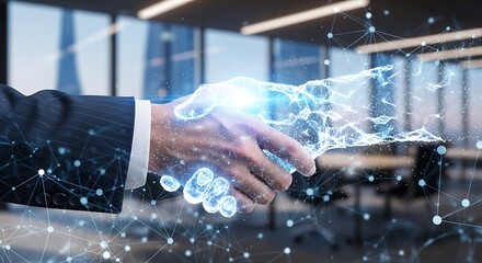 A futuristic handshake with glowing blue energy connecting two hands symbolizing technology and partnership