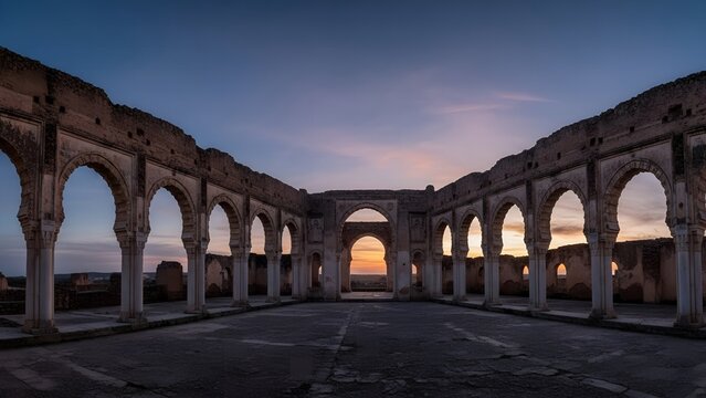 Ruins of El Mechouar Palace standing against dramatic twilight sky in Tlemcen