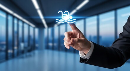 A person interacting with a glowing swimming pool icon in a modern and spacious office setting
