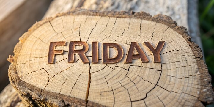 "FRIDAY written with lightly cracked dry wood texture, bright summer daylight, macro close-up, cinematic realism"