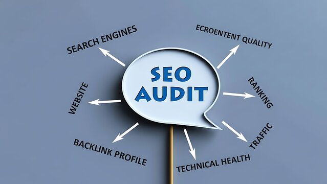Conceptual diagram illustrating SEO audit components like search engines, website, backlink profile, technical health, traffic, ranking, and content quality.