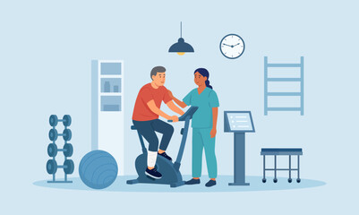 Physiotherapy gym. Physical therapy in rehabilitation hospital. Physiotherapist doctor rehabilitates disabled person after injury trauma. Elderly patient doing physical exercise on stationary bike © Nadezhda Buravleva