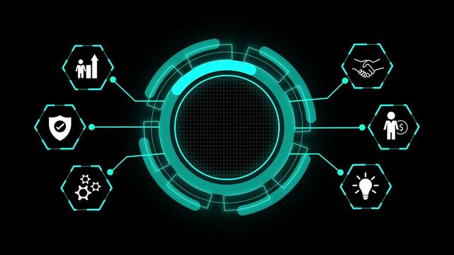 Futuristic business hud interface animation central copy space. Digital finance and planning concept with connected data icons. Strategy and idea presentation frame for modern technology use