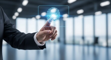 A person interacting with a glowing digital fingerprint scan interface in a modern blurred office setting