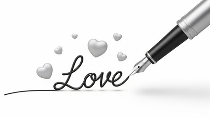 A pen writing the word Love surrounded by hearts on a white background from a close-up viewpoint