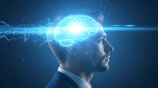 Businessman with glowing blue brain and innovative ideas