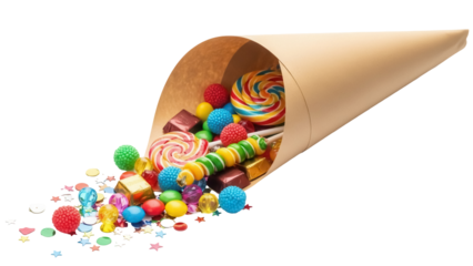 Candy cone overflowing with colorful sweets isolated PNG, party favors and treats for celebrations on transparent background