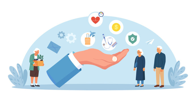 Elderly person secured by social safety net. Government support for old people. Social aid, defense and protection for retired employee. Retirement. Charitable help for pensioners