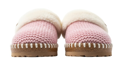 Pair of pink knitted slippers with fluffy trim isolated PNG, cozy footwear for indoor comfort and relaxation