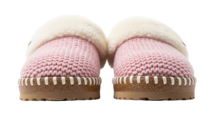 Pair of pink knitted slippers with fluffy trim isolated PNG, cozy footwear for indoor comfort and relaxation