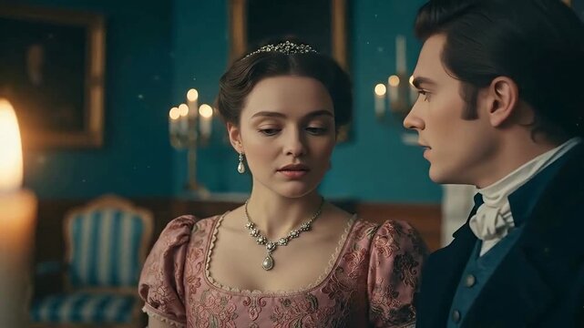 Elegant couple in period attire sharing a romantic moment indoors