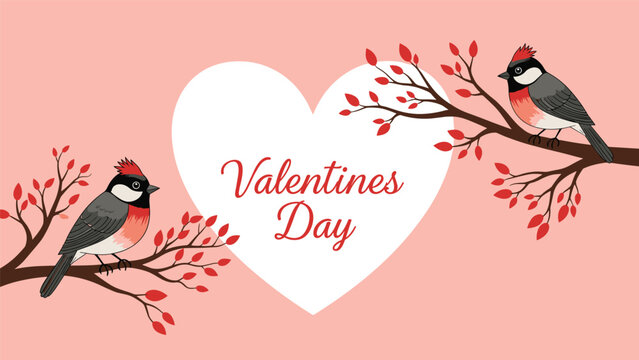 Two cute birds perched on branches with red leaves, with a large white heart and the text "Valentines Day" in the center, set against a soft pink background.