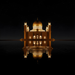 Grand Illuminated Mosque at Night with Perfect Water Reflection, Ramadan Kareem Serenity, Jumma Mubarak Peace, Spiritual Grandeur
