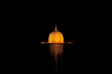 Illuminated Mosque Dome at Night Reflecting in Water, Ramadan Kareem Serenity, Jumma Mubarak Peace, Spiritual Glow