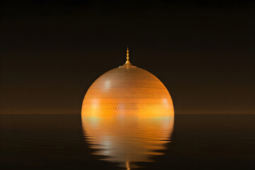 Illuminated Mosque Dome at Night Reflecting in Water, Ramadan Kareem Serenity, Jumma Mubarak Peace, Spiritual Glow