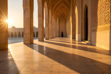 Golden Light Through Arched Windows in Empty Mosque Corridor, Peaceful Ramadan Evening, Jumma Mubarak Atmosphere, Spiritual Reflection