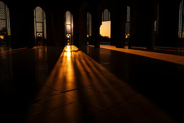 Golden Sunlight Streaming Through Arched Windows in Empty Mosque, Ramadan Kareem Reflection, Jumma Mubarak Peace, Spiritual Stillness