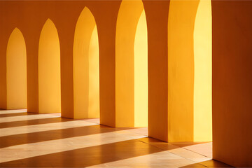 Golden Light Through Arched Windows in Empty Mosque Corridor, Peaceful Ramadan Evening, Jumma Mubarak Atmosphere, Spiritual Reflection