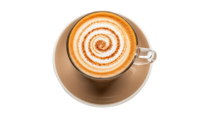 Cappuccino with spiral latte art isolated on transparent background PNG, coffee drink with milk foam and cinnamon for cafe menu