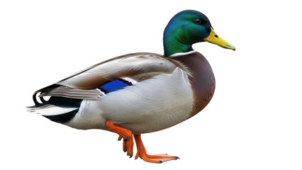 Mallard duck PNG isolated on transparent background, male wild duck with green head and orange legs for nature designs