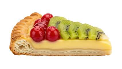 Delicious fruit tart slice PNG isolated, with cherries and kiwi on custard cream, sweet pastry dessert on transparent background
