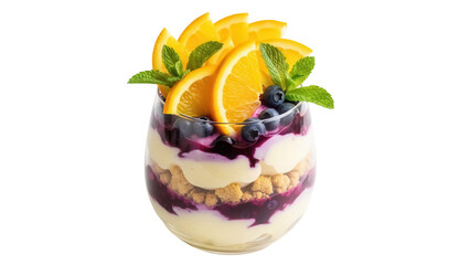 Delicious orange and blueberry parfait in glass isolated PNG, layered dessert with cream and crumble on transparent background