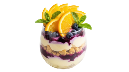 Delicious orange and blueberry parfait in glass isolated PNG, layered dessert with cream and crumble on transparent background