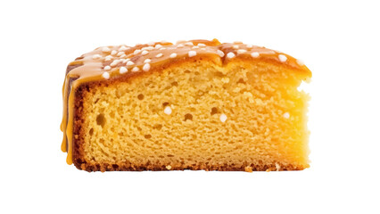 Delicious slice of butter cake with caramel glaze isolated PNG, sweet dessert with white sprinkles on transparent background