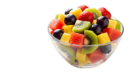 A vibrant and colorful fruit salad in a clear glass bowl on a black background