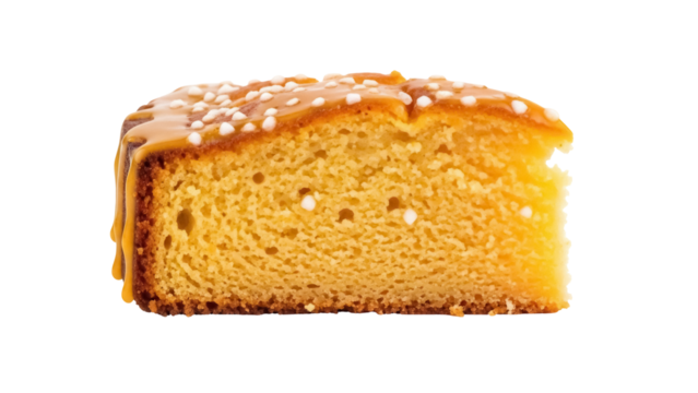 Delicious slice of butter cake with caramel glaze isolated PNG, sweet dessert with white sprinkles on transparent background - Powered by Adobe
