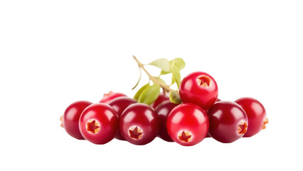 Pile of vibrant red cranberries isolated PNG, fresh lingonberries with green leaves on transparent background, healthy fruit for cooking and design